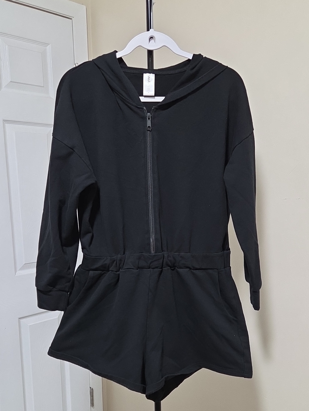 Smash + Tess Cotton Blend Black Hooded Zip Romper with Elastic Waist